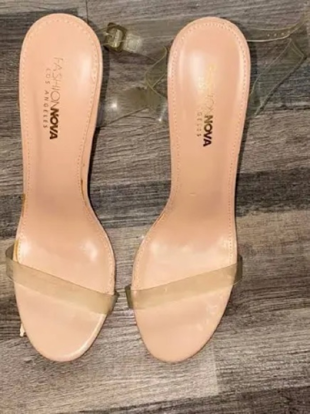 Fashion Nova Nude Clear Strap Slide Heels